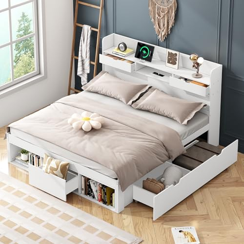 BTM Double Bed with Storage, Double Bed Frame with Drawers, Bookcases and USB Port, Multifunctional Bed with Storage Headboard for Kids, 4ft6-135x190cm, No Mattress