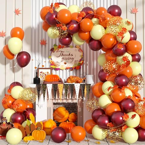 Luftballon Girlande Orange Gelb Set, Herbst Orange Burgund Rot Gelb Gold Konfetti Latex Ballon Girlande mit 6.5Ft Ahornblätter Deko für Herbstdeko Babyparty Thanksgiving Geburtstag Party Dekoration