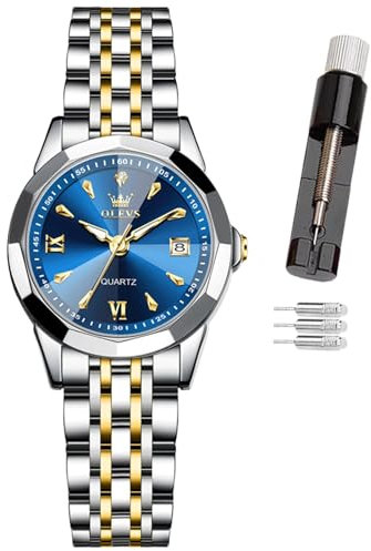 OLEVS Damen-Armbanduhr, Diamant-Zifferblatt, Quarzuhr, Edelstahl, modisch, nachtleuchtend, wasserdicht, analoge Uhr für Frauen, romantisches Geschenk für Freundin, 9998 - Blaues Zifferblatt, Klassisch