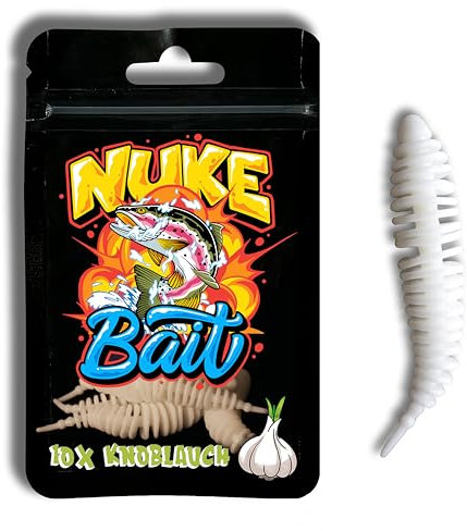 Nuke Bait - Forellen/Barschköder - Twister mit Aroma - 5 STK. - Das Original - Barsch Köder, Gummiköder mit Lockstoff, Angelköder, Raubfisch (Knoblauch, Weiß, 4cm)