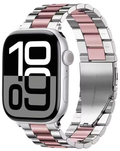Cinturino per Apple Watch, Acciaio Inossidabile Bicolore Argento e Rosa, Design a Maglie