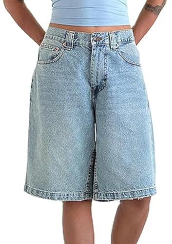 Bermudas Jorts Baggy Jeans Shorts: Pantalones Cortos Vaqueros Holgados Informales de Pierna Ancha hasta La Rodilla con Bolsillos(Blue,Medium)