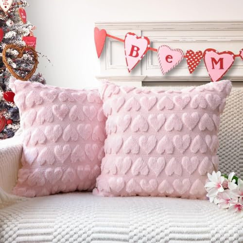 Kissenbezug Herz 45x45 cm 2er Set, Herz Deko Plüsch Kissenbezüge 45x45 Zimmer Deko Aesthetic Liebe Kissenhülle Romantische Modern Zierkissenbezüge für Schlafzimmer Wohnzimmer Deko (Rosa, 45x45 cm)