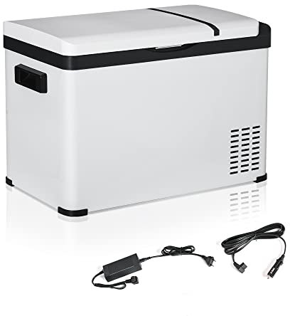 Outsunny Réfrigérateur portable à compression 30 L, glacière électrique voiture 12/24V, 3 compartiments, mini frigo congélateur jusqu'à -22°C, pour camping, plage ou pique-nique, blanc