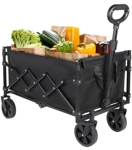 Chariot pliable avec roues, 100 l, chariot pliable avec 4 roues pivotantes à 360°, poignée réglable, charge jusqu'à 75 kg, chariot pliable pour camping, plage, jardin, shopping, noir, 55 x 42 x 89 cm