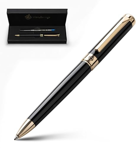 WANDERINGS Premium Kugelschreiber mit Deutscher Tinte – Perfekt Ausbalancierter Executive-Stift mit 24K Goldauflage – Piano Schwarz – Inklusive Schmidt-Mine in Geschenkverpackung Präsentationsetui