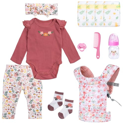 Reborn Baby Doll Clothes 17-20-22 Inch Girl Realistic Outfit Set with Red Romper & Flower Carrier and Soft Diapers 12-Piece Newborn Doll Accessories