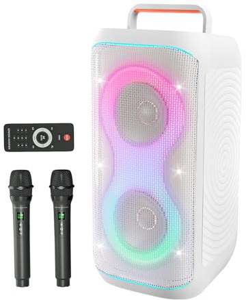 GKD61 Karaoke Maskin för Vuxna, 2 Trådlösa UHF Mikrofoner, 400 W Toppkraft, Dubbla 6,5 Subwoofers, Bärbar Bluetooth Partyhögtalare, Fjärrkontroll, Bas- och Diskantkontroll för Både Utomhus och Fest