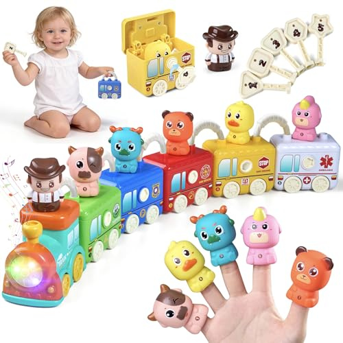 Meribbit Train Jouet Électrique avec Rails, Animaux Marionnettes à Doigt | Montessori Vapeur Tri des Jouet Éducatif avec 5 Cadenas Enfant Bébé 1-3 Ans, Jeu de Motricité Fine et Couleurs