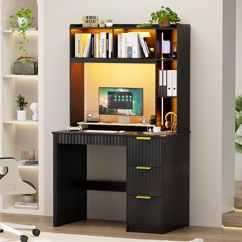 Gurexl 5-Tier Office Desk with 2 Power Outlet for Home Office,Black | 168 CM Computer Table with 3 storage drawers and LED，wood Bookshelf with USB for Studying, working