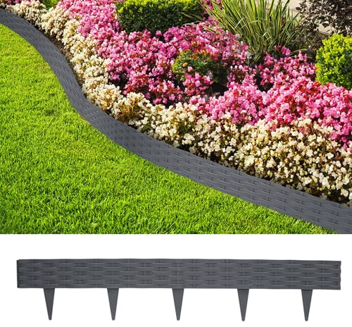 TATIVALO Rasenkante Kunststoff 10m Rattan-Optik Anthrazit 10 Stück Garten | Beetbegrenzung Beetumrandung Palisade, Randsteine, Fencepane,Gartenpalisade, Beetzaun,Wetterfest & UV-beständig