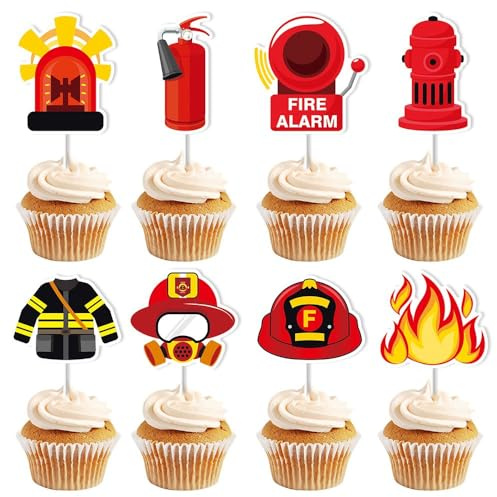 Gleemix Tortendeko Feuerwehr Set, 24 Stück Kuchen Deko Feuerwehr | Feuer Cupcake Topperdeko, Feuerwehrmann Tortendeko Kindergeburtstag für Party
