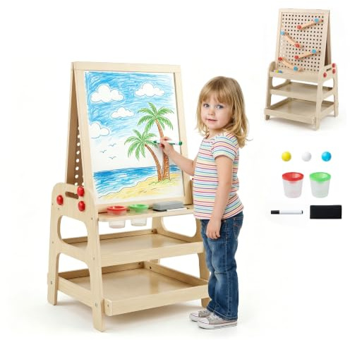 GOPLUS 2 en 1 Tableau Enfant Double Face avec 3 Étagères, Chevalet Enfant en Bois avec Tableau Blanc Magnétique, Jeu de Billes&7 Accessoires, Tableau Dessin Montessori, Garçons&Filles 3+ Ans