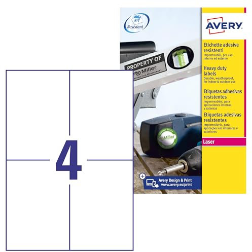 AVERY Zweckform L4719-20 Wetterfeste Folienetiketten (80 Klebeetiketten, 105x148mm auf A4, extrem stark selbstklebend, wasserfest, strapazierfähig, bedruckbare Outdoor Klebefolie) 20 Blatt, weiß