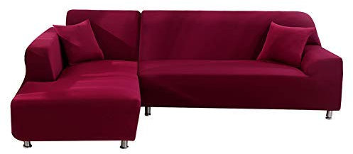 ele ELEOPTION Sofa Überwürfe elastische Stretch Sofa Bezug 2er Set 3 Sitzer für L Form Sofa inkl. 2 Stücke Kissenbezug (Weinrot)