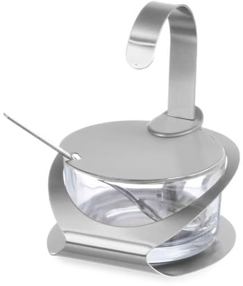 HENDI Käse-/Zuckerdose, mit Glasbehälter mit Löffel aus Edelstahl, Glasbehälter, ø130, x(H)90mm, Edelstahl 18/0