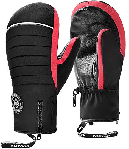 KUTOOK Skihandschuhe Snowboard Handschuhe Herren Damen Fäustlinge Wasserdicht Warm Winter Winddicht Winterhandschuhe für Ski Snowboard Outdoor Schwarz&Rot,XXL