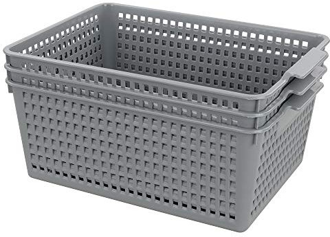 Yarebest Large Plastic Storage Basket Box, Cupboard Storage Baskets, 3-Pack (Grey)