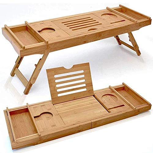 Unibos Bamboo Bathtub Caddy Luxury Bath Tub Tray Bridge Shower Shelves Organizer Tray With Adjustable Stand Foot, Extending Sides Built in Book Tablet Wineglass Holder phone Tray & Accessories