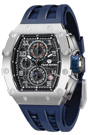 TSAR BOMBA Herren Uhr Tonneau Uhren Chronograph Tonneau Luxus Armbanduhr Cool Sport Männer Japanisches Quarzwerk 50m Wasserdichter Daydate Saphirglas Geschenk für Männer