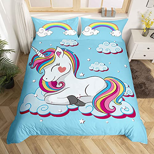 Kinder Bettwäsche 135x200 cm Mädchen Jungen Einhorn Bettwäsche Set Blau Karikatur Einhorn Regenbogen Wolken drucken Bettbezug Set für Jugendliche Frauen Süß Tiere Dekorativ Betten Set Mikrofaser
