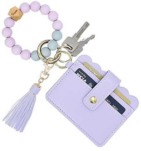 TSNSOEEO Wristlet Keychain Bracelet Wallet, Key Ring Silicone Bead Bangle, Tassel Card Pocket Key Chains for Woman, 01-purple, 3.94
