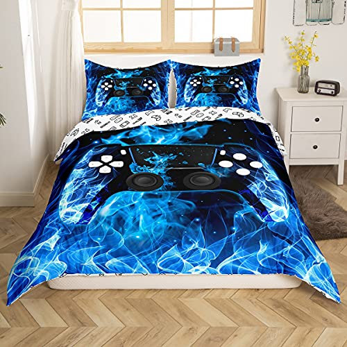 Homemissing Garçons Gaming Parure de Lit 140x200cm pour Enfants Gamer Parure Housse de Couette Jeu Vidéo Housse de Couette Room Decor Luxury Blue Flame Modern Gamepad Collection Réversible