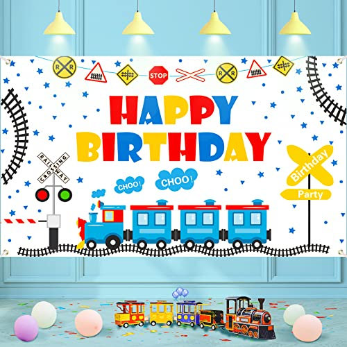 Bahn-Themen-Happy Birthday-Banner – Junge & Mädchen Kindergeburtstagsparty-Zubehör – Eisenbahn-Zugkreuzungs-Themen-Partybanner – 180 x 111 cm