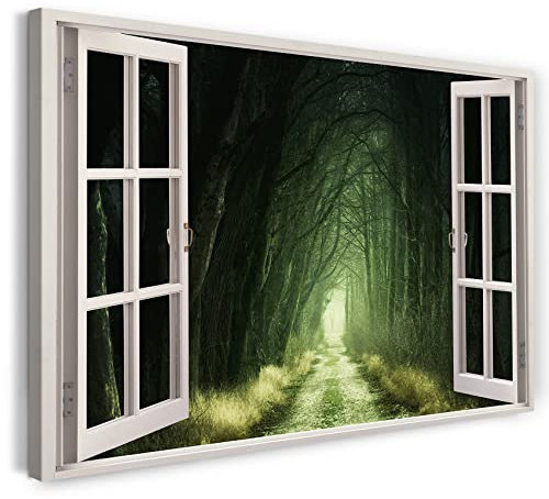 Printistico Bilder Fensterblick 120x80cm Baumwoll-Leinwand auf Keilrahmen mit Aufhänger moderner Kunstdruck XXL Wandbilder Wand-Dekoration Waldweg Dunkel Düster Nebel Natur - Natur-Fotografie