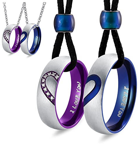 Whoiy Paar Halskette, Paar Ringe Edelstahl Halskette Herz änhänger Blau Lila 6mm Zirkonia Ring mit Gravur “Always&Forever”Jahrestag Geschenk für Sie Ihn