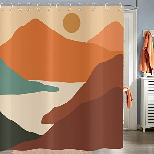 Hnmdmyi Duschvorhang Boho 180x200, Abstrakte Berg Badewanne Vorhang Mid Century Minimalist Sonnenaufgang Sonnenuntergang Natürliche Landschaft Moderne Kunst Wasserdicht Stoff Waschbar Badevorhang