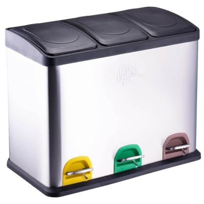 Dirt Devil Tretmülleimer 3 x 15L - Mülltrennsystem mit 3 Fächer - Abfalleimer Küche - Mülleimer mit Soft Close Deckel - 59 x 30 x 47.5 CM - Treteimer aus Edelstahl - Silber