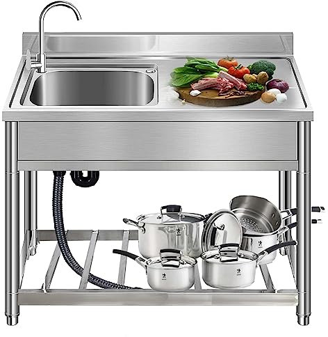 Fregadero de cocina Tazón individual con escurridor Fregadero comercial independiente de acero inoxidable 304 para restaurante, lavandería, garaje, fregadero de taller para exteriores