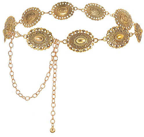 JASGOOD Women Concho Chain Belt Metal Link Western Cowgirl Turquoise Chain Belt for Dress, Gold