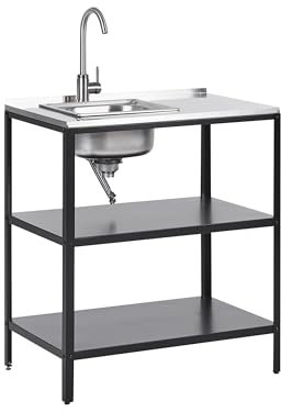 Beliani Outdoor-Kücheninsel Stahl schwarz mit Spüle Edelstahlplatte Silber modern Vilama
