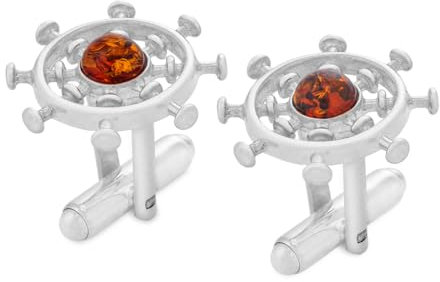 AMBEDORA Sterling Silber Herren Steuerrad Manschettenknöpfe mit baltischem Cognac Bernstein, poliertes Sterling Silber, Geschenk-Set
