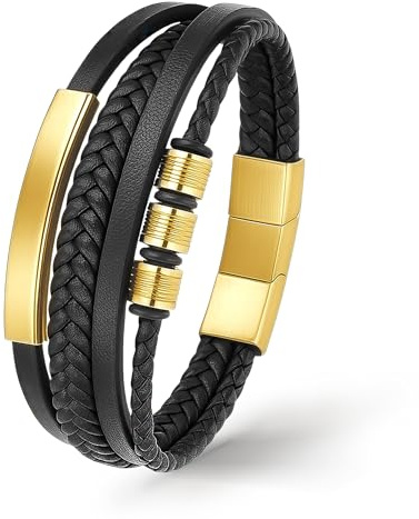 UNIQAL | Lederarmband Herren BLACK SHAPE Mens Bracelet | Edelstahl, Echtleder | Etui Box Gratis