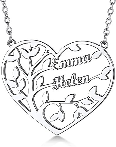 Custom4U Bijoux Arbre de Vie Collier Coeur Arbre Généalogique Personnalisé Collier Pendentif Arbre de Vie à Graver Acier Inoxydable