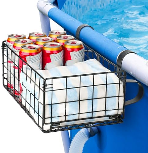 Pool Aufbewahrungskorb Faltbar Aufbewahrungsbox Pool Seitenkorb Getränkehalter Metall Gartenpool Organizer Aufbewahrungsbox Pool Seitenkorb Pool Zubehör, Schwarz