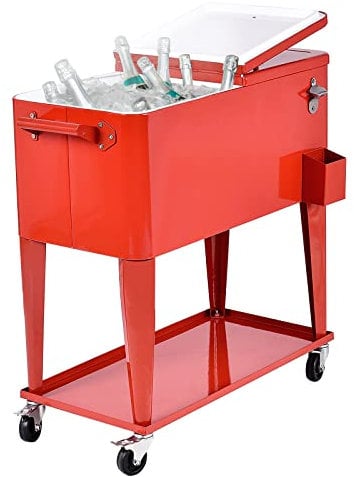 GYMAX 76L Kühlwagen, Getränkekühler mit 4 Universalrädern, Ablage & Flaschenöffner, Kühlbox mit Doppeldeckel, Thermobox, Getränkekühler für Garten, Terrasse & Balkon (Rot)
