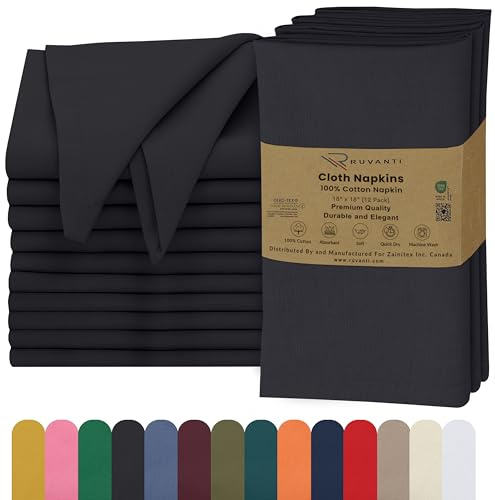 Ruvanti Stoffservietten, 45,7 x 45,7 cm, 100% Baumwolle, waschbar, weich und saugfähig, perfekt für Hochzeit, Weihnachten, Thanksgiving-Abendessen – Black Beauty