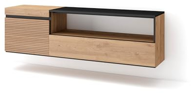 Skraut Home | TV-Schrank, Lowboard | für Wohnzimmer und Esszimmer | 150x45x35cm | Für TV-Geräte bis zu 65 | Hängend | Moderner Stil | Eiche