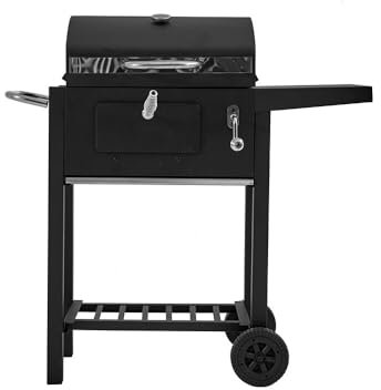 Panana Charcoal BBQ – Barbecue with Warming Rack, Adjustable Height, Temperature Gauge – Portable, Ash Catcher, Additional Storage Shelf and Side Tables, Wheels – Grill Meat, Fish & Veg