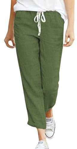 Cegerne Damen Leinenhose Lang Leicht Sommerhose Loose Fit Casual Stoffhose mit Taschen Strand, Grün-0, L