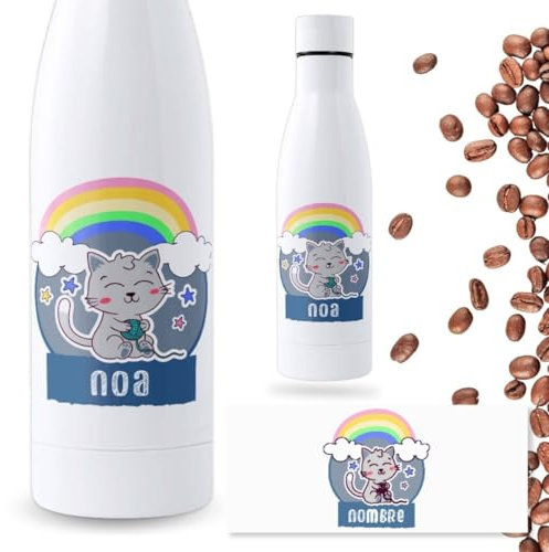 Botella Personalizada Animales Infantil | Botella de Agua Acero Inoxidable Térmica de Doble Capa | Libre de BPA y Reutilizable | Botellas de Agua para niños (GATO, 750 ML)
