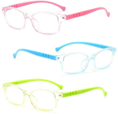 Vexquivera 3 PCS Kids Glasses Blue Light Blocking Glasses Clear Lens Glasses Kids Computer Glasses for Preventing Eye Fatigue and Protecting Eyes(Blue Pink Green)