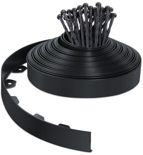 VOUNOT® Bordure de Jardin en Plastique 20 mètres avec 40 Piquets d'ancrage Bordurette de Pelouse Flexible Bordure de Gazon avec piquets Solides Idée de Jardin Hauteur 50mm Noir