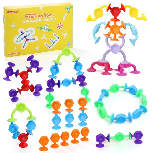 ECHOCUBE 48 Pcs Jouets à Ventouses, Silicone Jouet de Bain Ventouse pour Bébé de 3+ Ans, Squigz Ventouses Sensorielles, Jouets de Voyage Contre Le Stress pour Les Enfants et Adultes