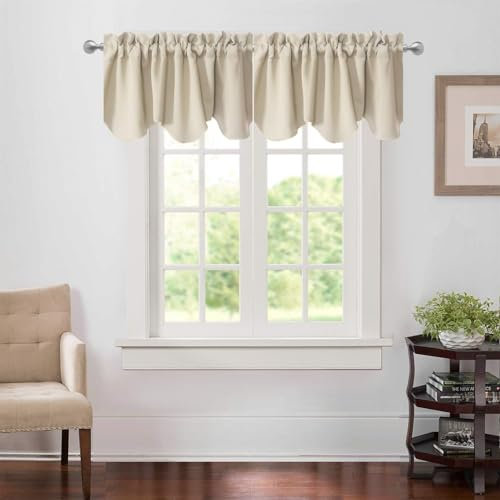 Aquazolax Verdunkelungs-Querbehang für Wohnzimmer, 2 Stück, wärmeisolierend, mit Stangenschlaufen, Bogenrand-Design, Fenster-Querbehang, ca. 132 x 46 cm, 2 Schals, Beige