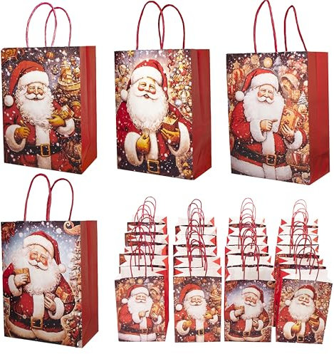 24 Stück Geschenktüten Weihnachten, Papiertüten Weihnachten Klein, Weihnachtstüten Papier mit Henkel, Weihnachten Papiertaschen,Weihnachtstüten für Kleinunternehmen Einkaufen Einzelhandel, Xmas-4